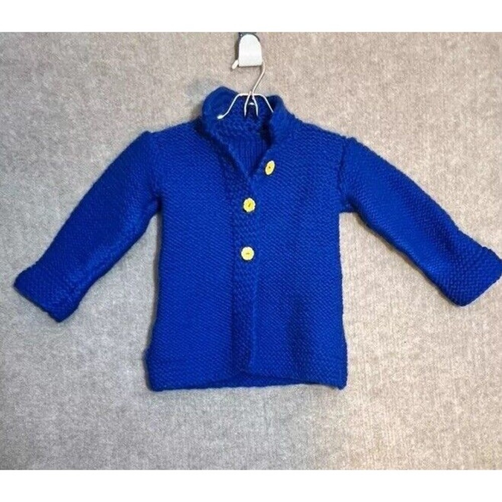 Hand Made Knit Jacket Kids Blue, 18mo Yellow Flower Buttons Bespoke Tagless